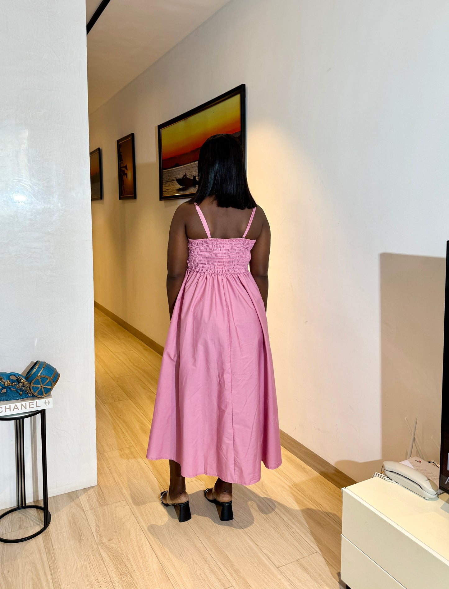 Pink Strapless Midi Cotton Maternity Dress