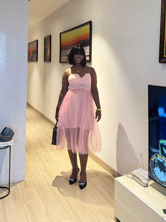 Pink Shirred Back Maternity Tulle Bottom Dress