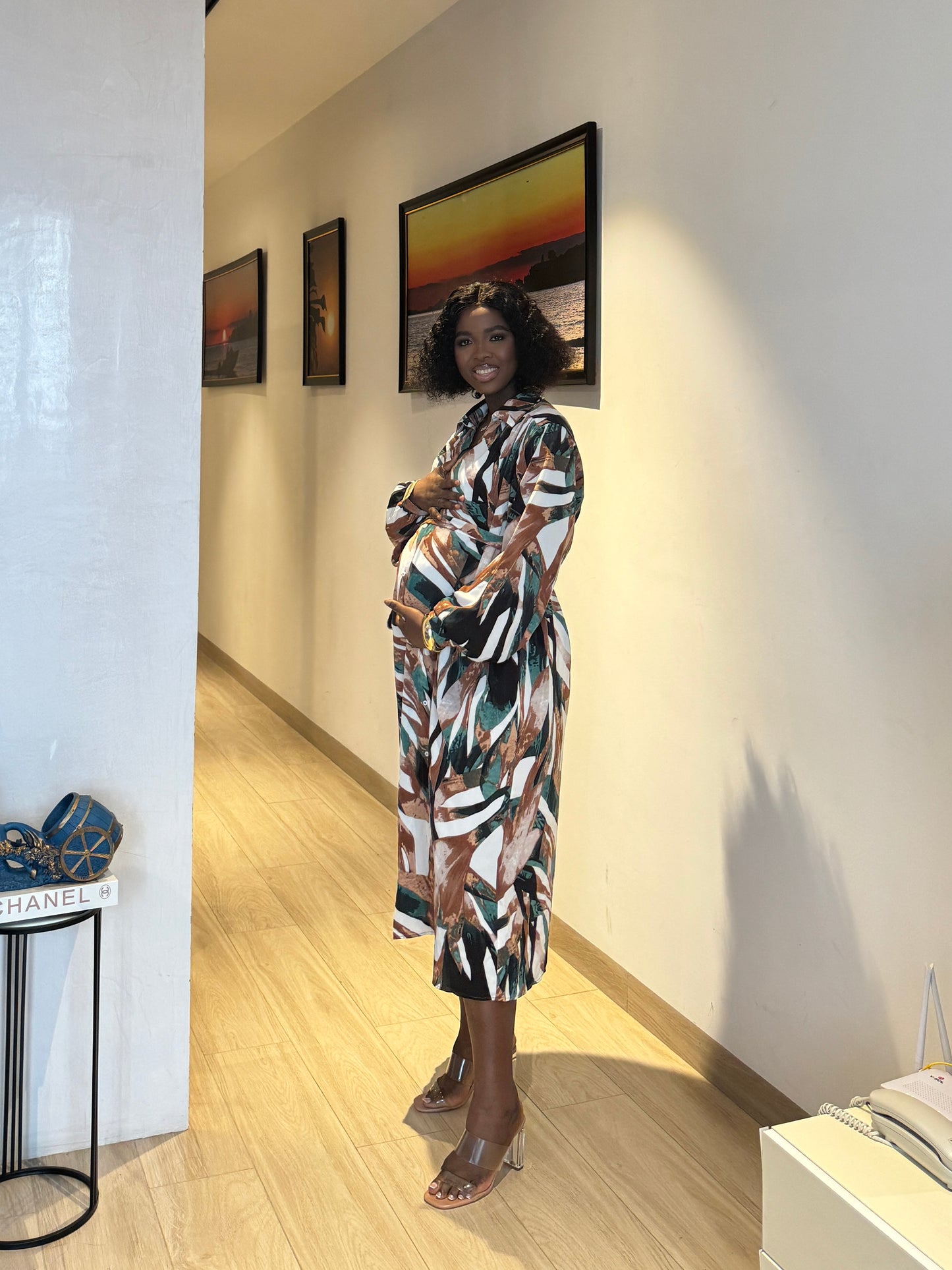 Maternity/Nursing Belted Brown & Green Shirt Dress