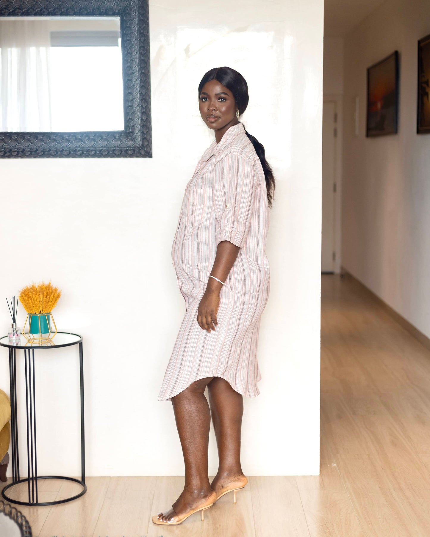 Midi Pink Striped Maternity Shirt Dress