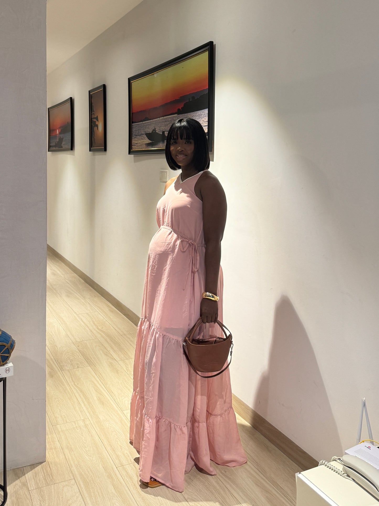 Pink Maternity Halterneck Belted Maxi Dress