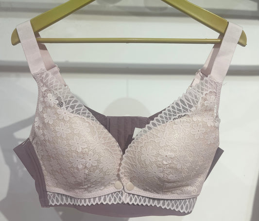 Lace Overlay on Blush Front Open Nursing Bra