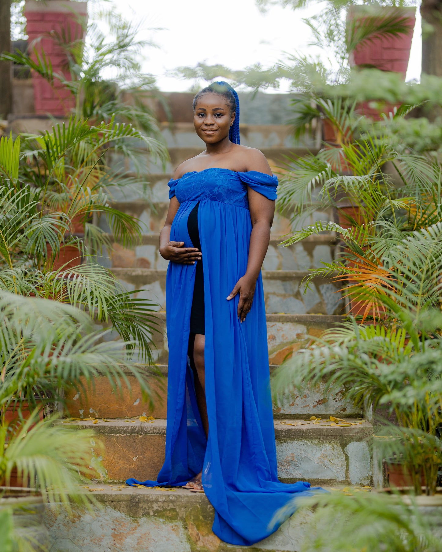 Blue Front slit Bardot Maternity shoot gown