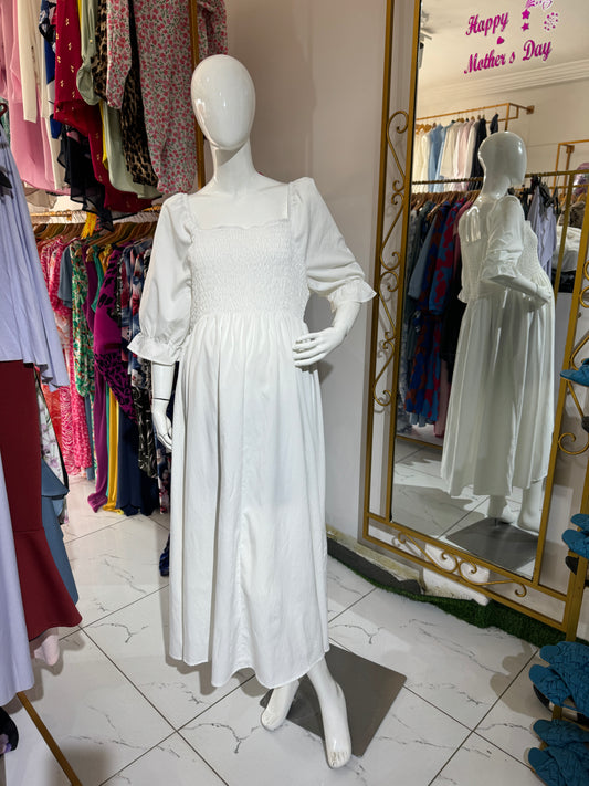 Maternity Shirred Bust Puff Sleeve White Gathered Midi Dress