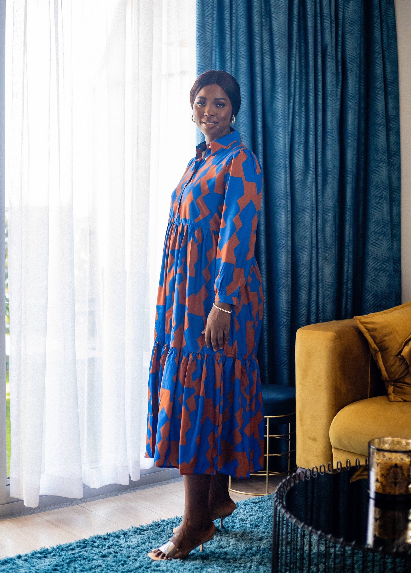 Blue and Brown Maternity/Nursing Tiered Smock Midi dress
