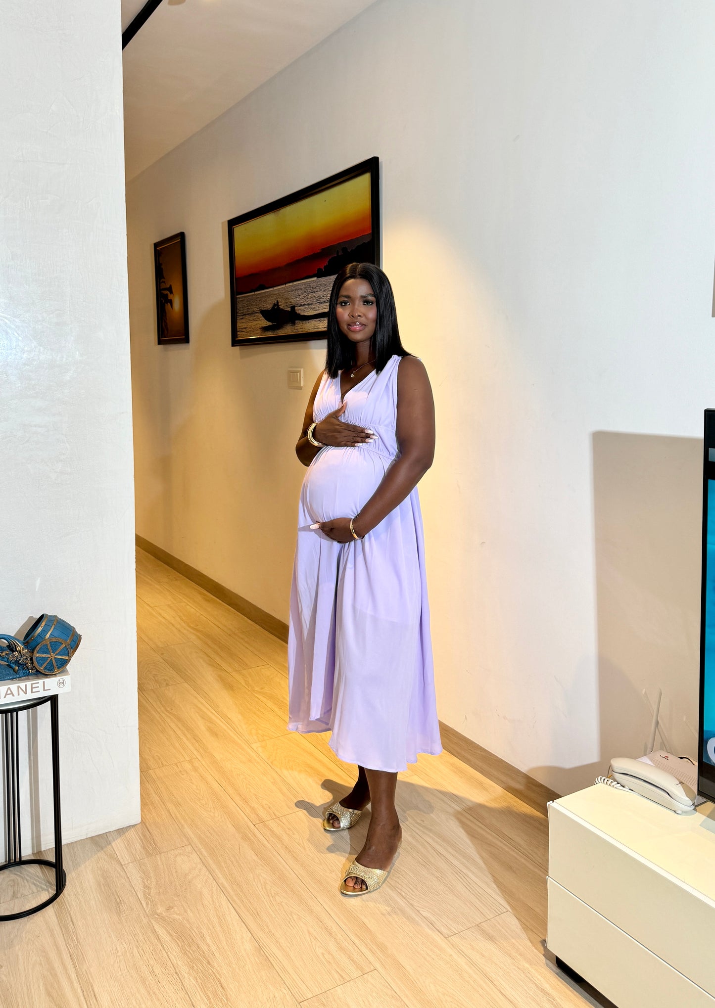 Double Strap Elastic Empire Waist Maternity Midi Dress