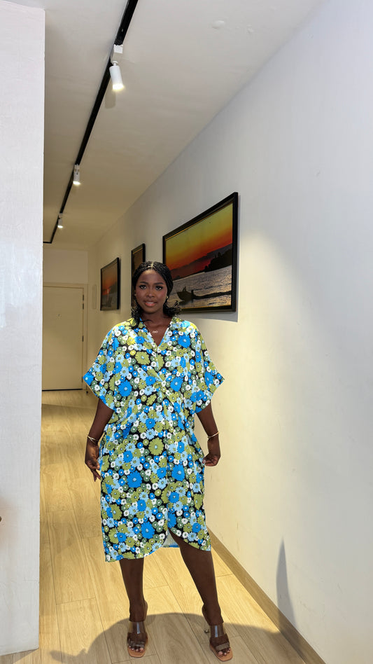 Blue & Green Floral Maternity Twist Front Dip Hem Kaftan