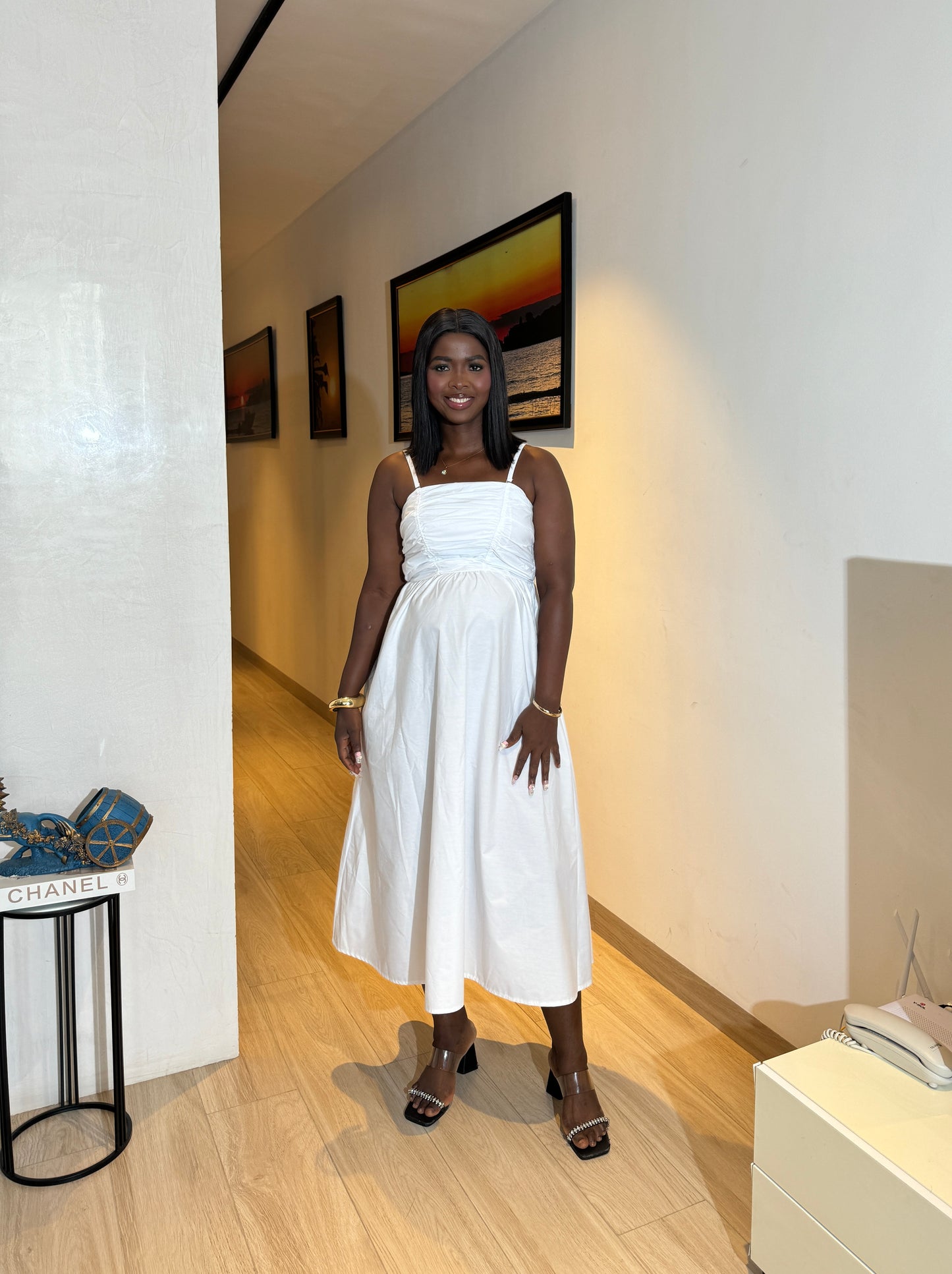 White Removable Strap Midi Cotton Maternity Dress