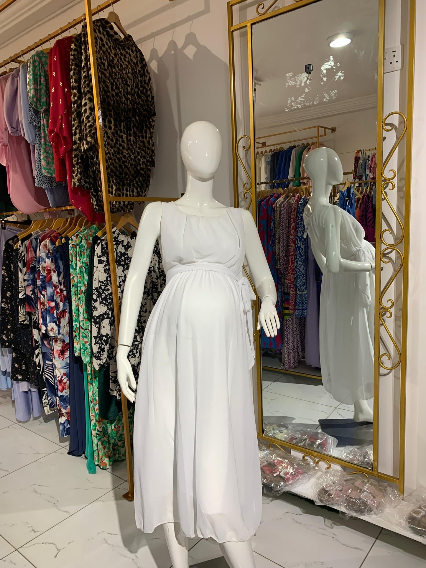 Chiffon Belted Maternity White Skater Dress