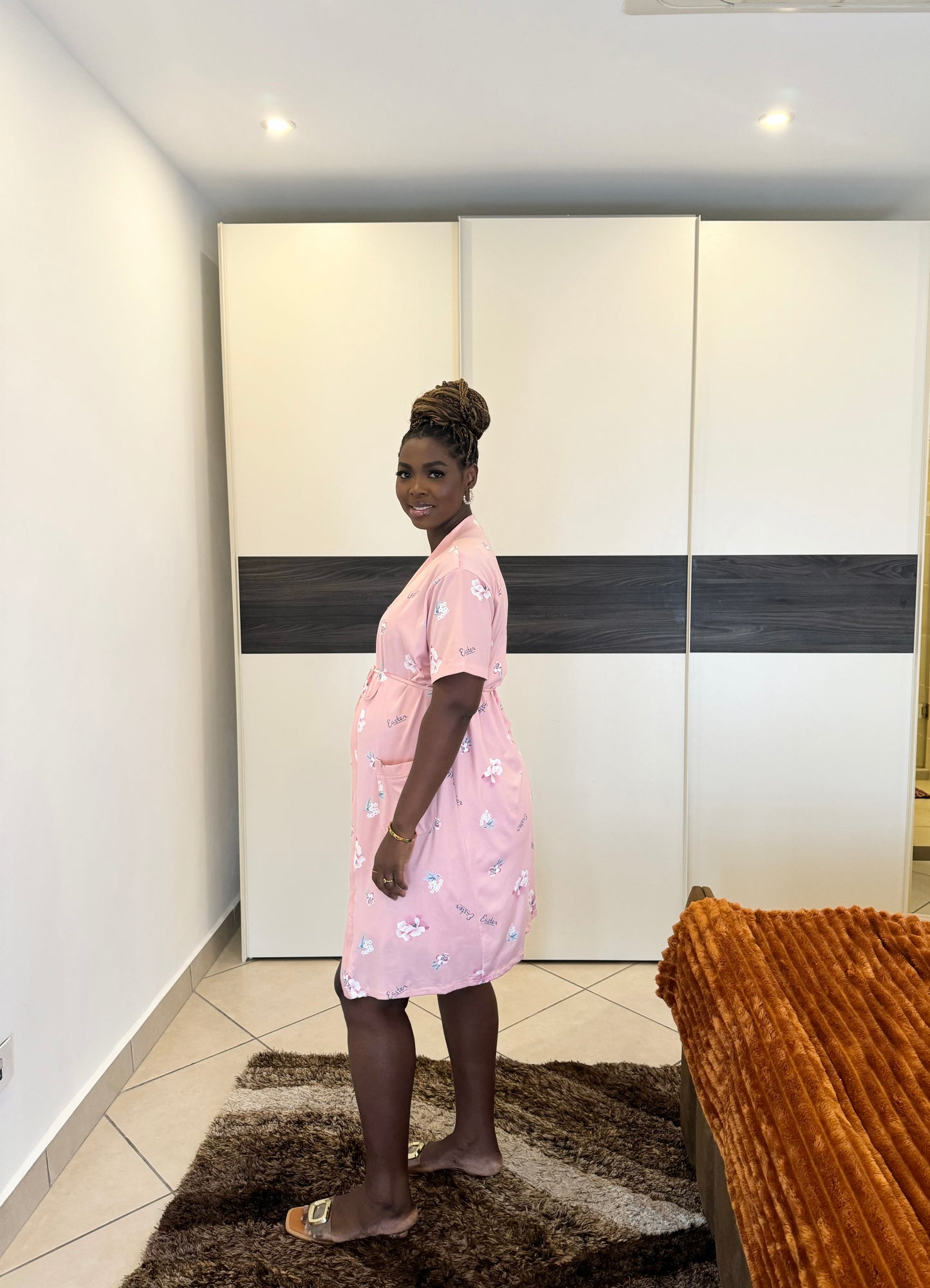 2 in 1 Pink “Easter Print” Nursing Nightgown and Robe Belted Set.