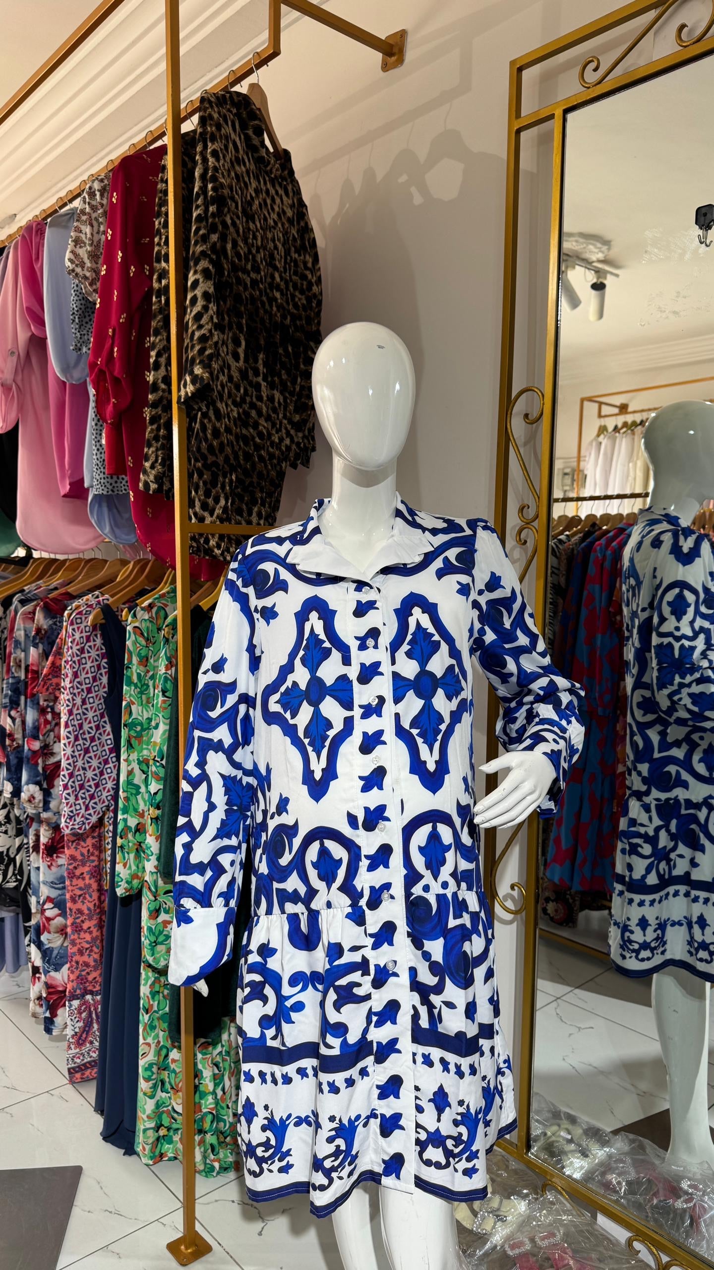 Maternity/Geometric Print Belted Shirt Dress.