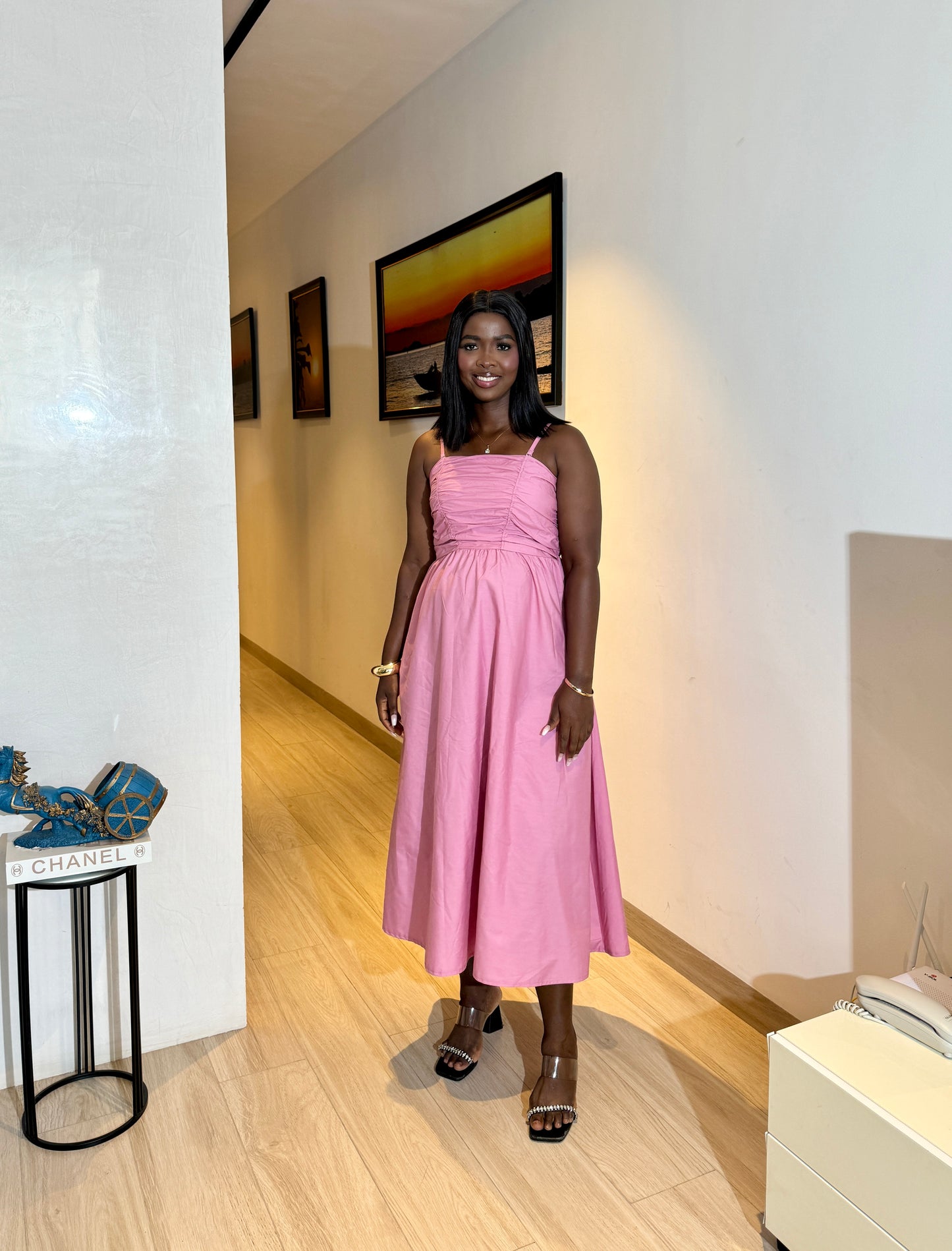 Pink Strapless Midi Cotton Maternity Dress