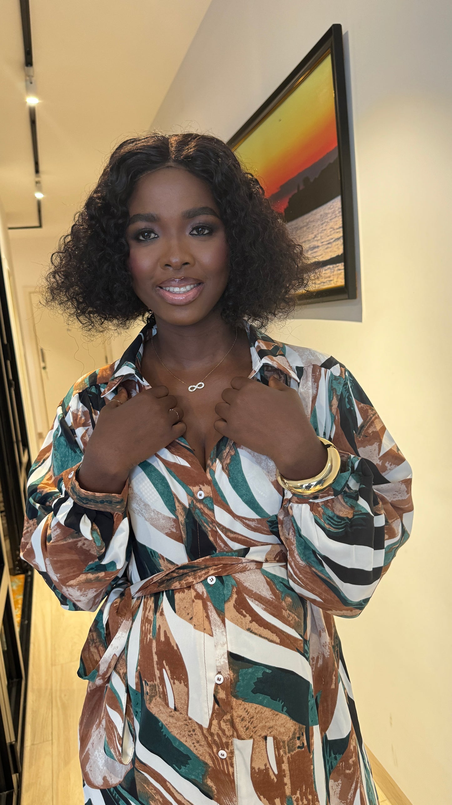 Maternity/Nursing Belted Brown & Green Shirt Dress