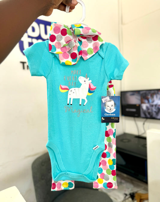 3pc Unicorn Bodysuit Leggings and Hairband Set