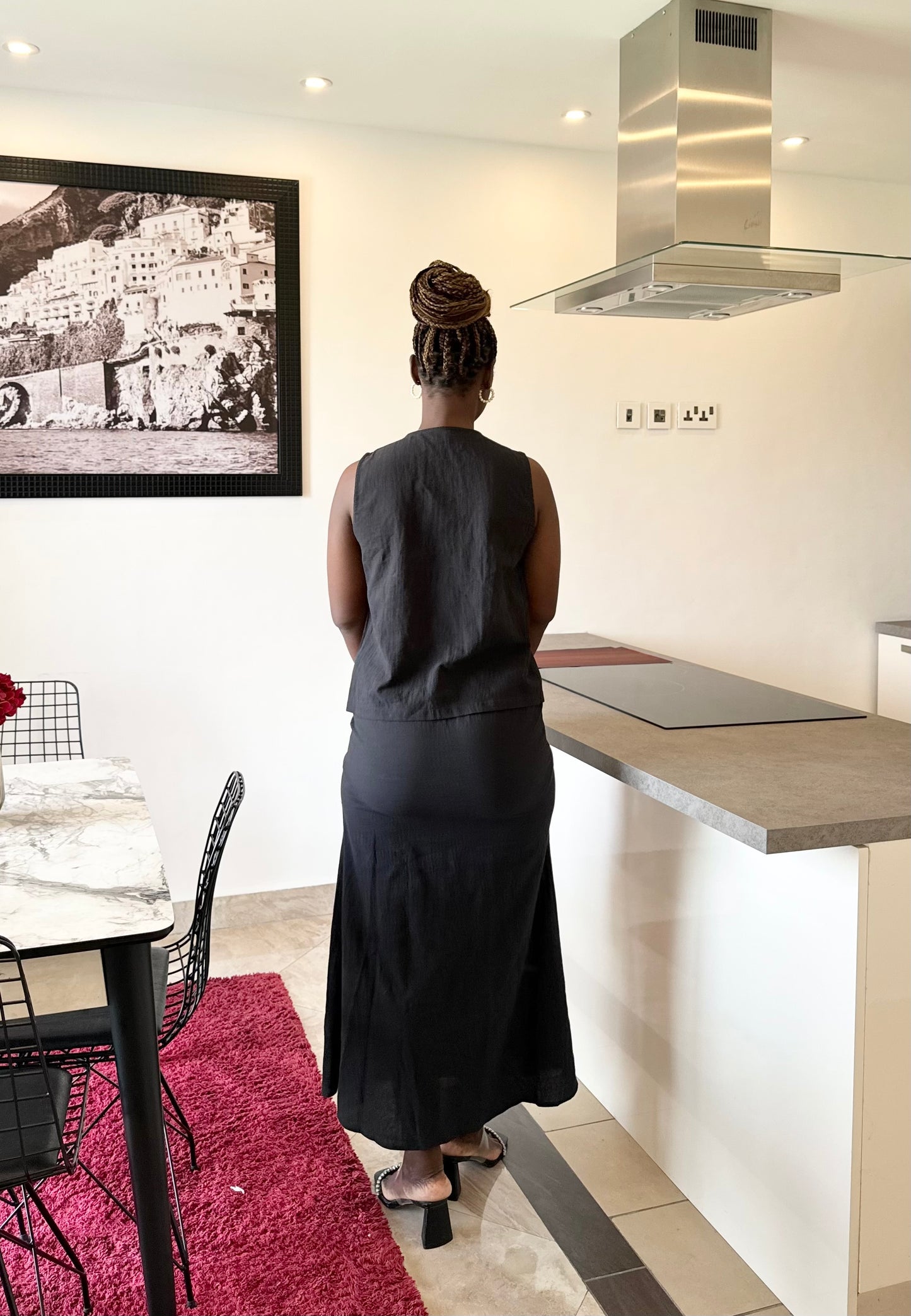 2pc Black Linen Maternity/Nursing Sleeveless Vest and Midi Skirt Set