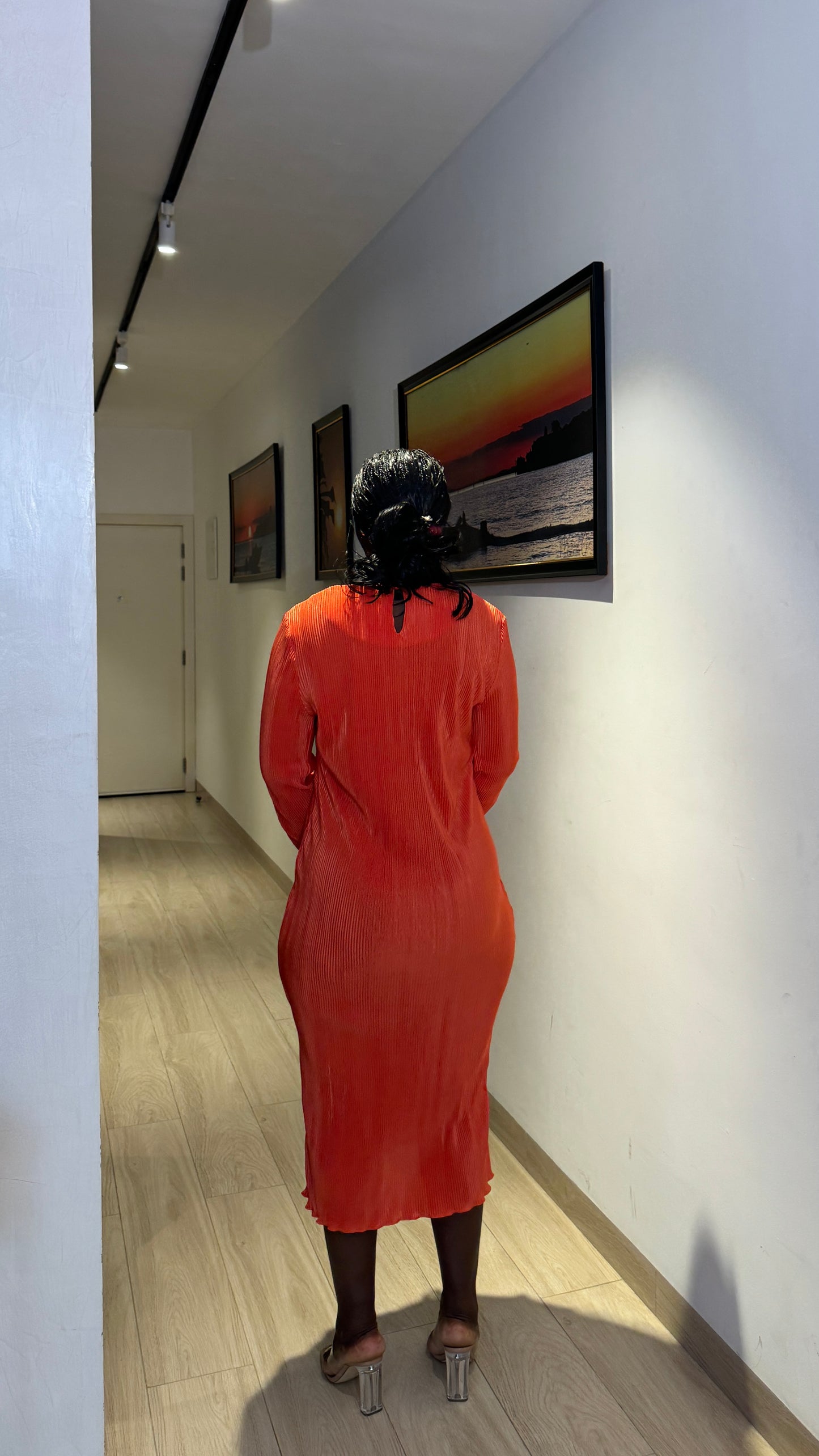 Orange Stretchy Micro Pleated Maternity Midi Dress For Pregnant Women