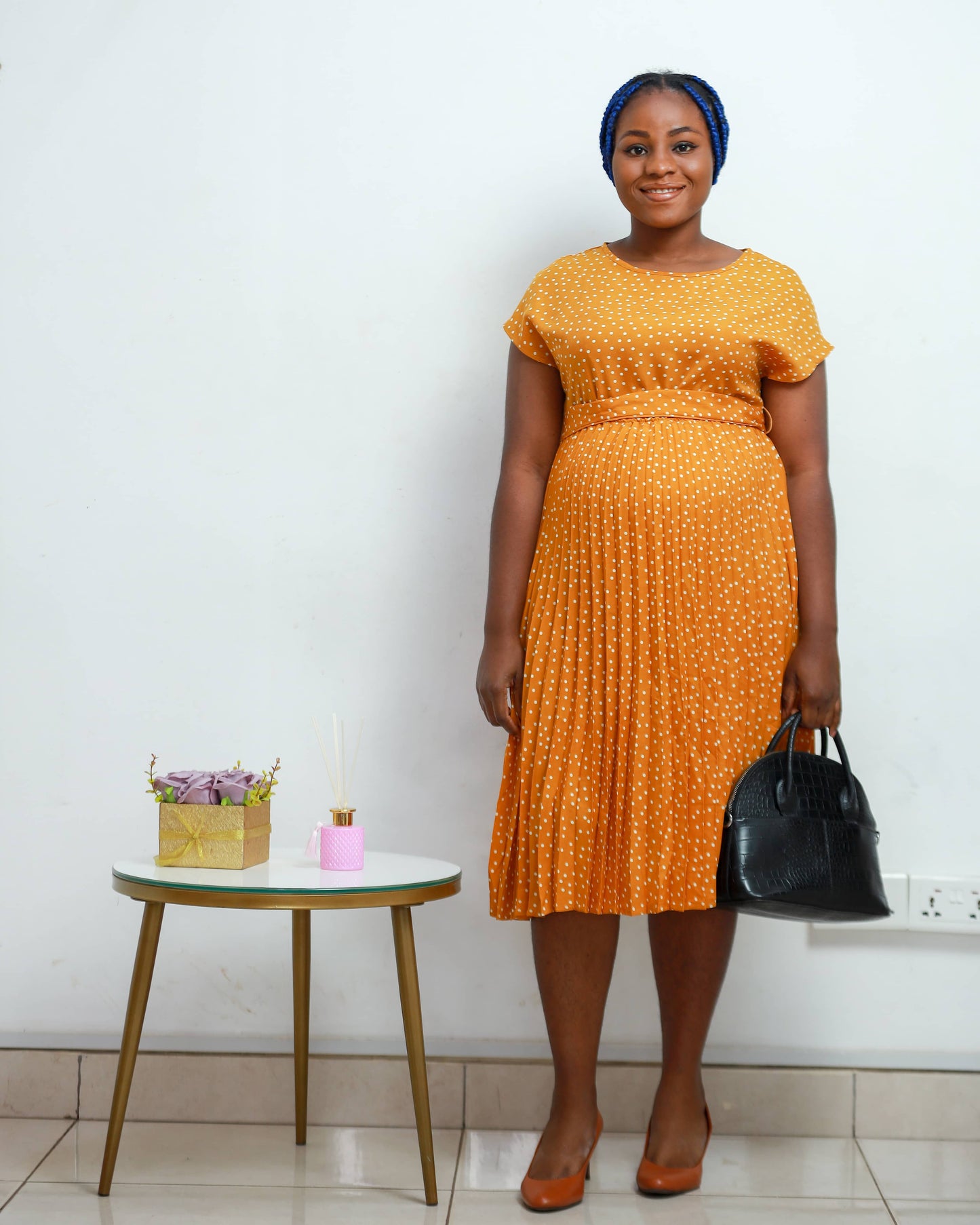 Mustard Yellow Polka Dot Pleated Belted Maternity Dress