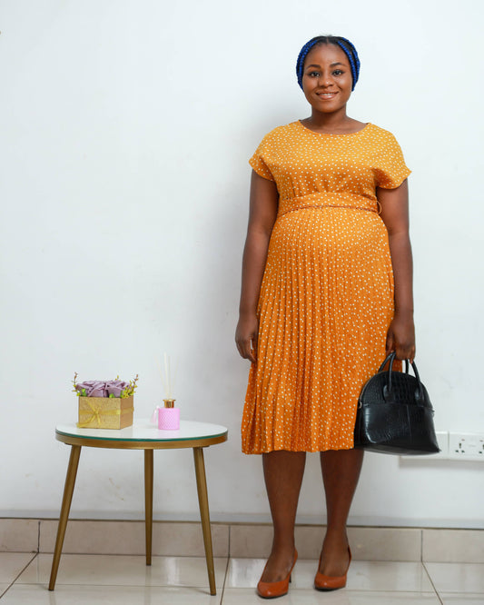 Mustard Yellow Polka Dot Pleated Belted Maternity Dress