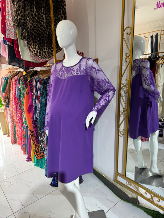 Purple Lace Neck and Sleeves Maternity Smock Dress