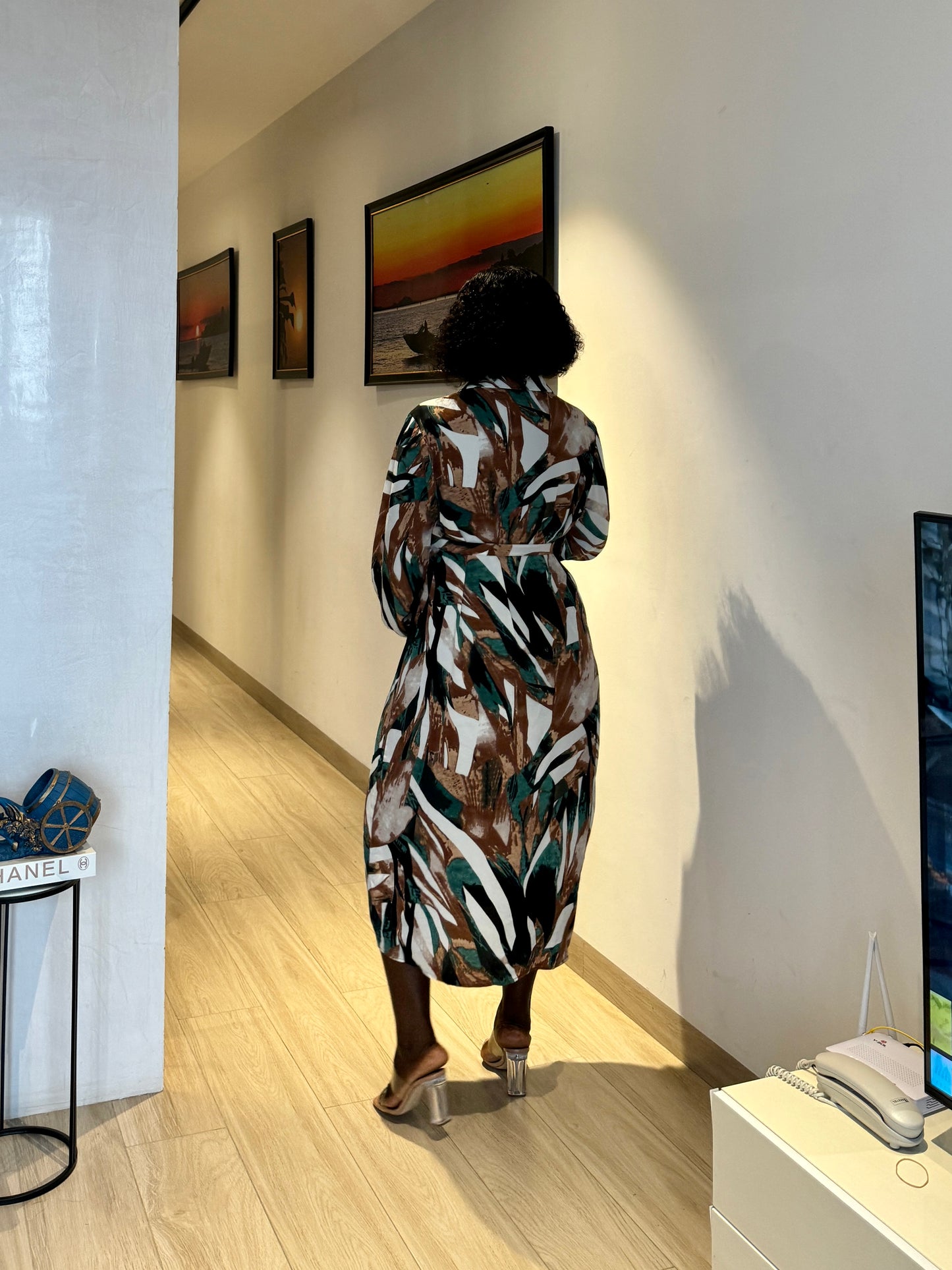 Maternity/Nursing Belted Brown & Green Shirt Dress