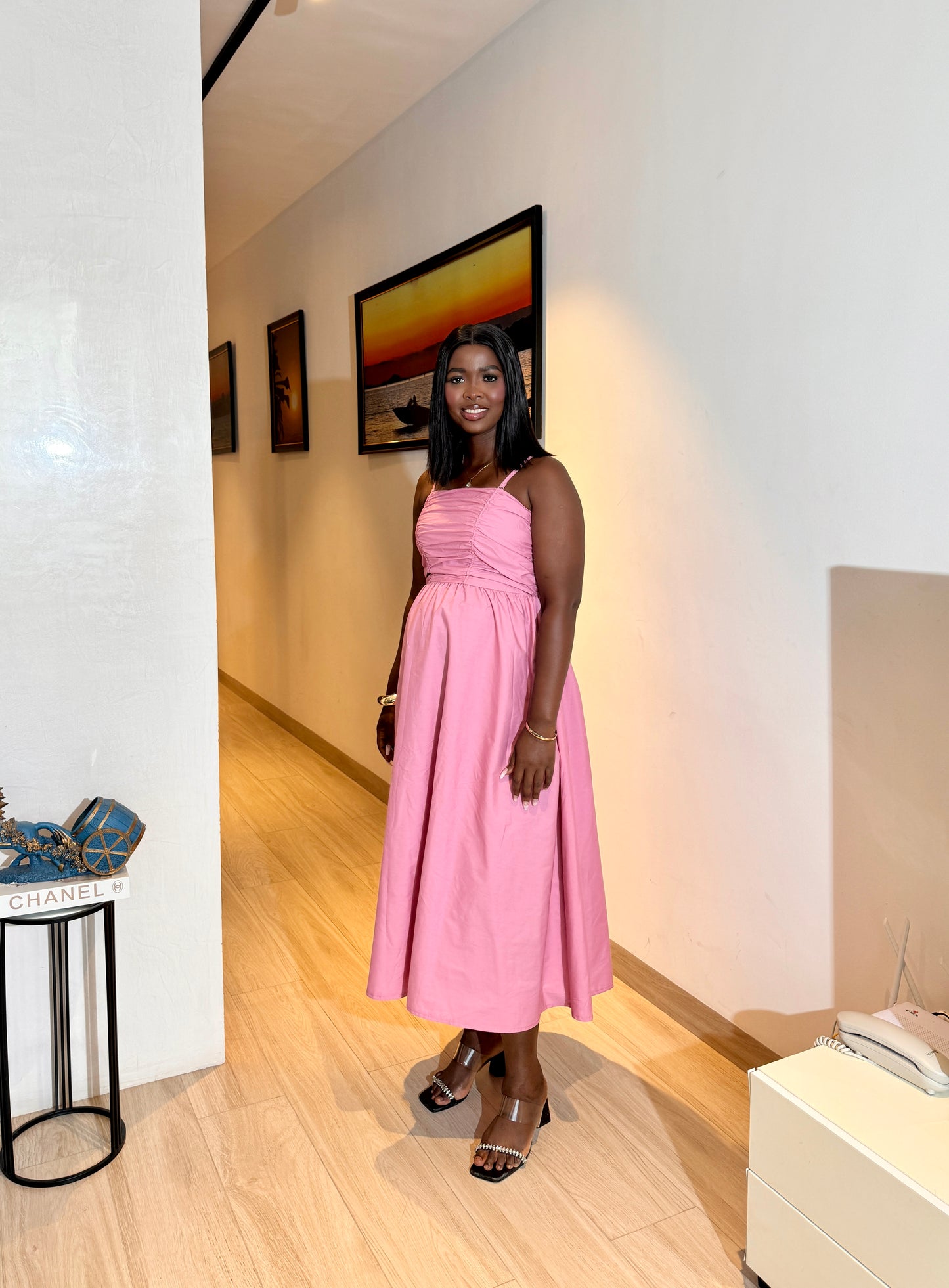 Pink Strapless Midi Cotton Maternity Dress