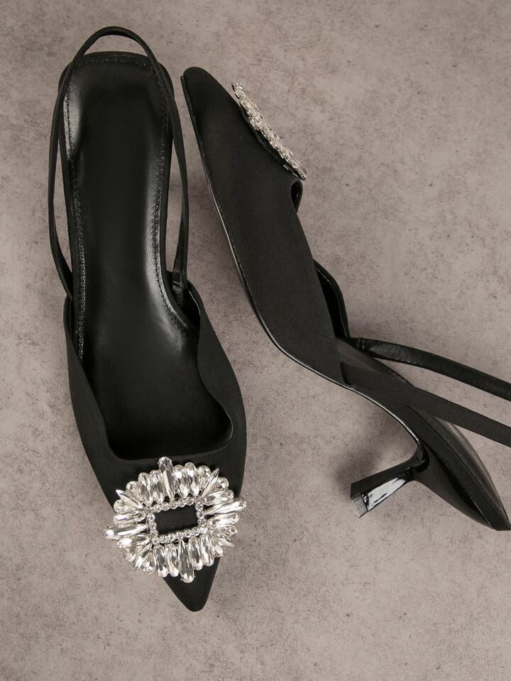 Closed Toe Black Diamante Front Detail Slingback Pumps