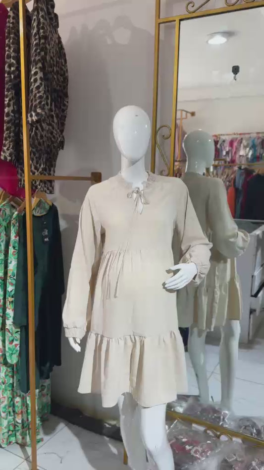 Tie Neck Long Sleeve Maternity Smock Dress