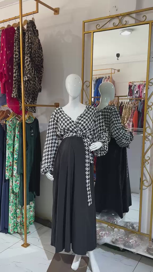 Maternity/Nursing V-neck Checked Top Belted Maxi Dress