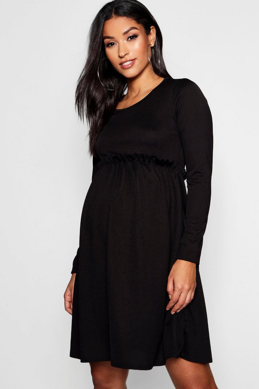 Gathered Waist Long Sleeve Maternity Dress