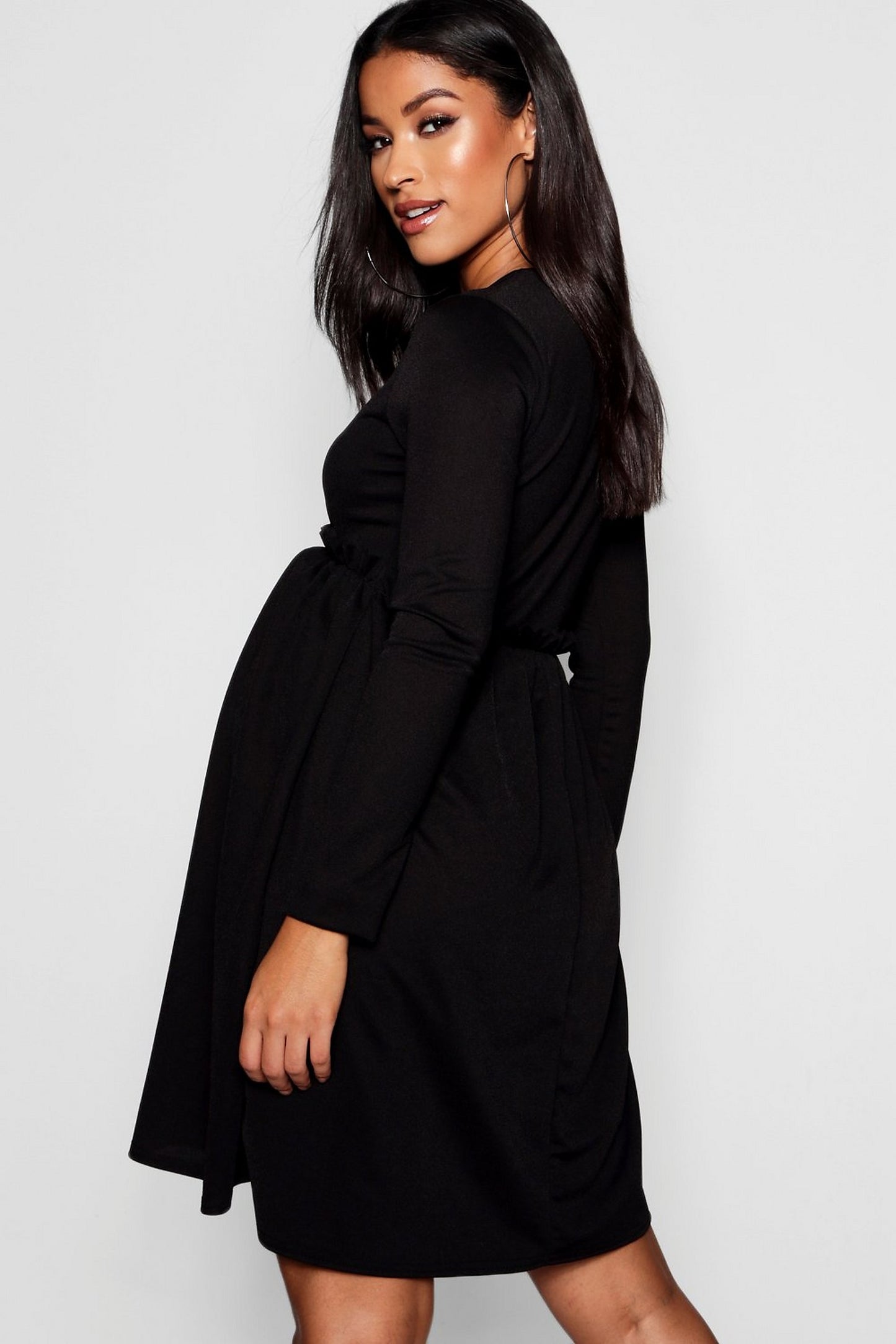 Gathered Waist Long Sleeve Maternity Dress