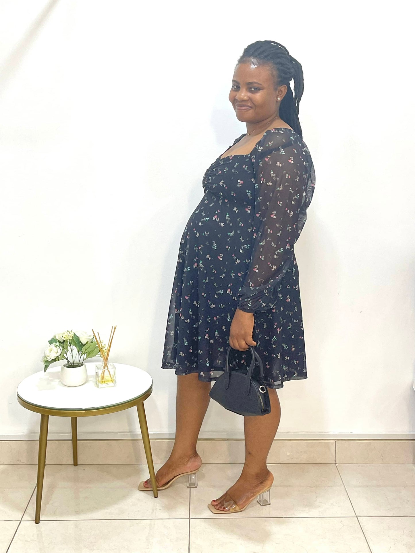 Ruched Bust Black Floral Mesh Maternity Dress