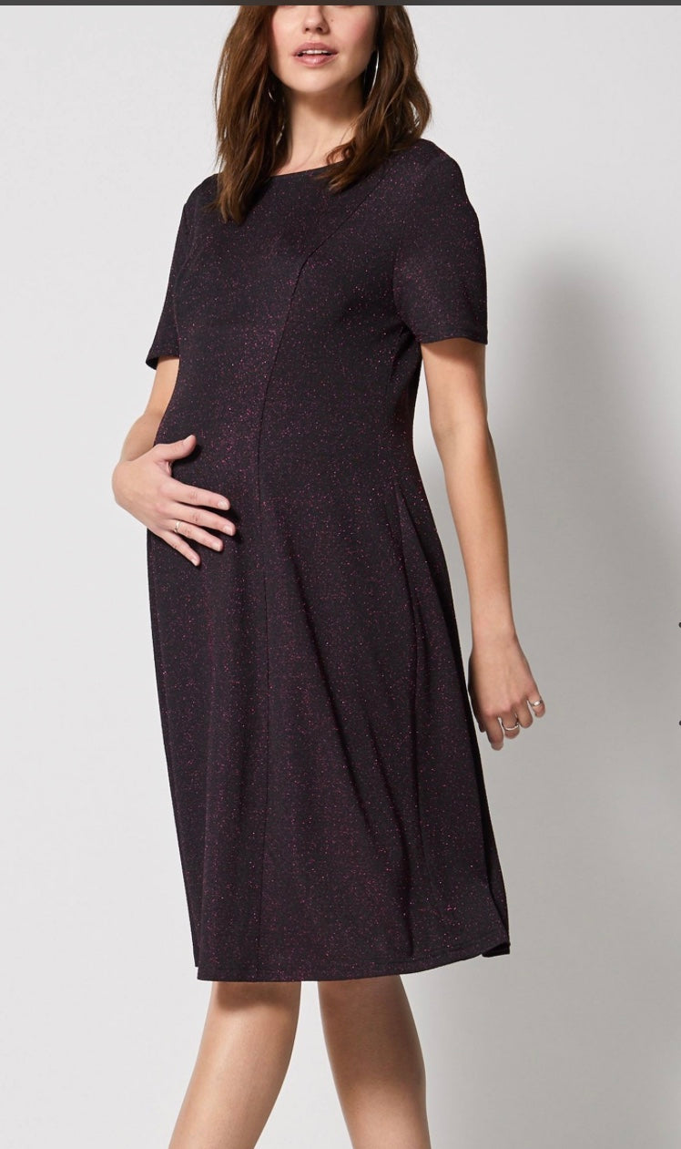 Pink Glitter Maternity Black Flare Dress