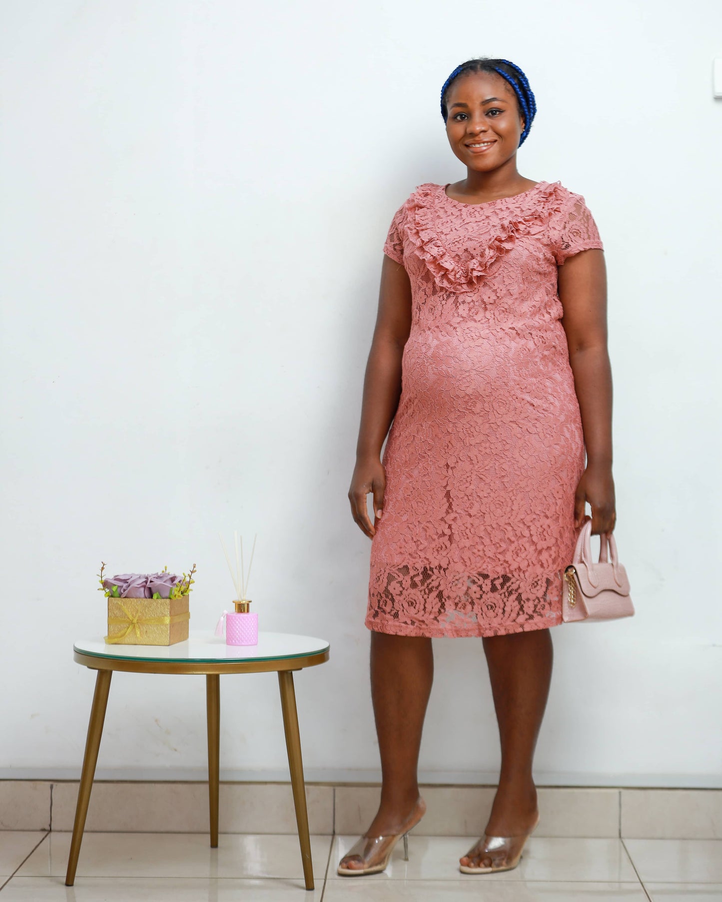 Dusky Rose Stretch Lace Maternity Dress